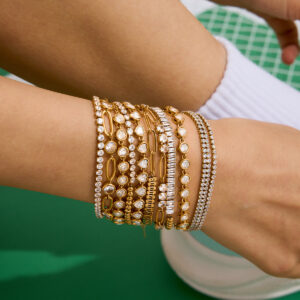 Gold Plated Titanium Steel Adjustable Stackable Baguette Cubic Zirconia Bracelet for Women